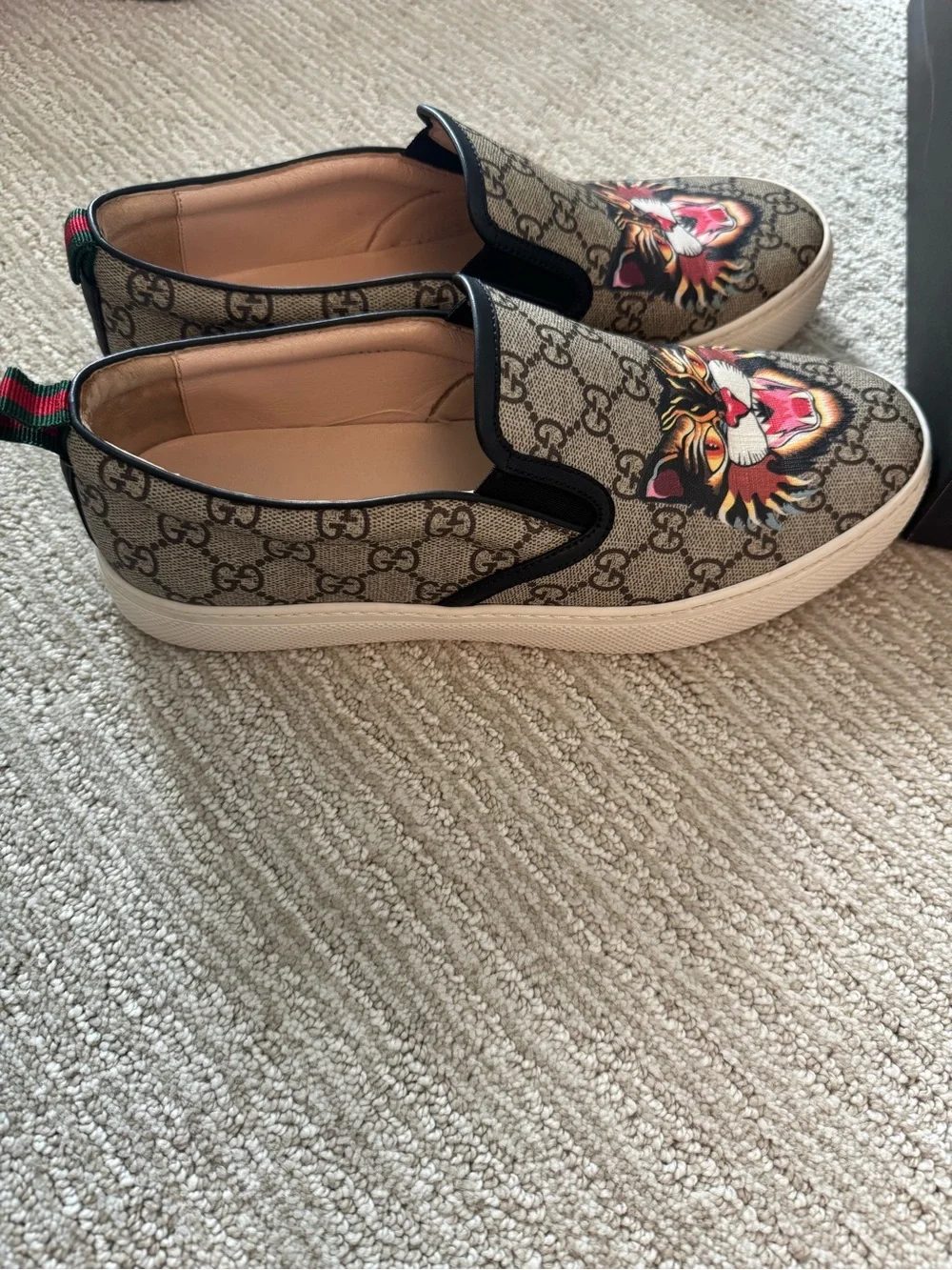 Gucci Brown GG Supreme Slip-On Sneakers with Multicolor Tiger Motif